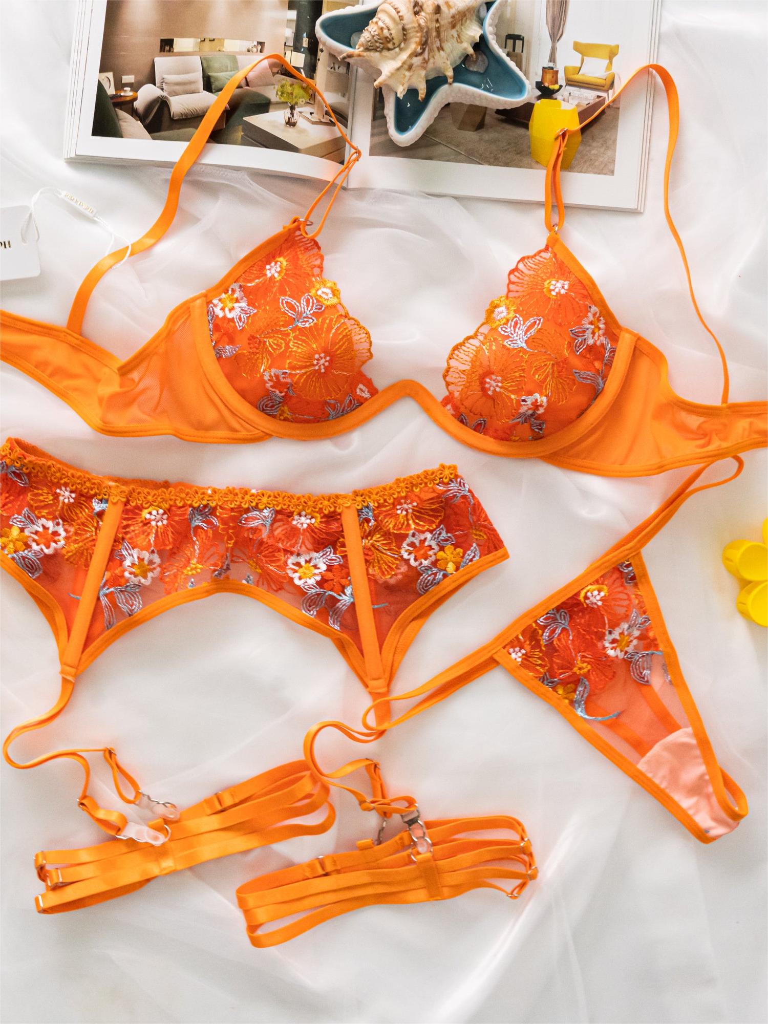 Orange Floral Embroidered Mesh Lingerie Set With Garter Hello.LA.Girl
